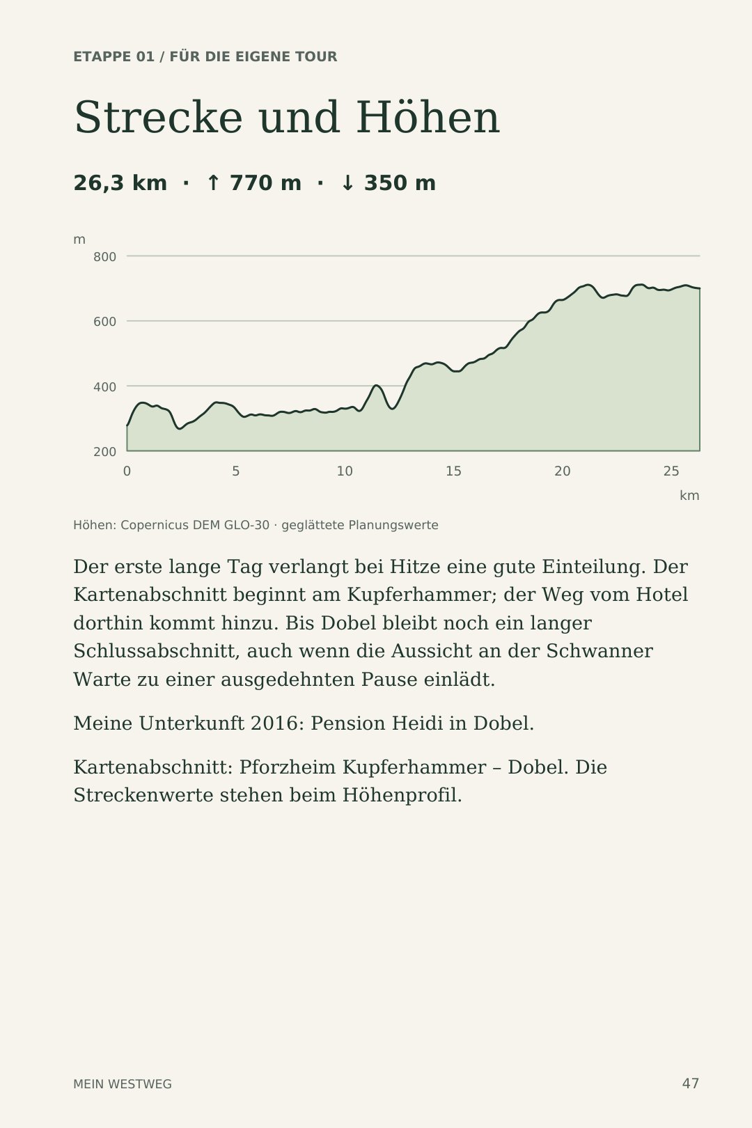 Originalbuchseite 47: Streckenlänge und Höhenprofil der ersten Etappe